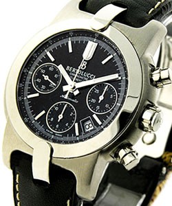Uomo Chronograph in Steel on Black Leather Strap with Black Dial
