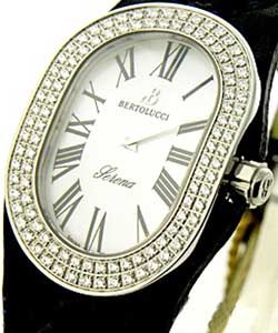 Serena in Steel with Diamond Bezel on Black Leather Strap with Mother of Pearl Dial