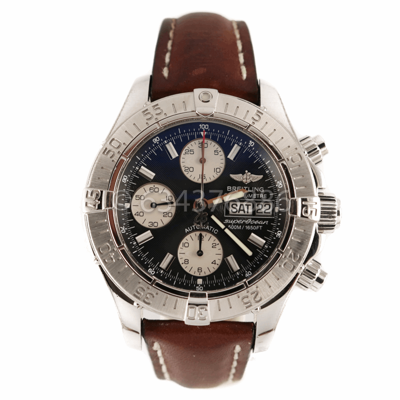 Superocean Chronograph 42mm in Steel on Brown Calfskin Leather Strap with Black Dial -Silver Subdial