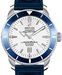 Superocean Heritage 46mm Men''s in Steel Steel on Rubber Strap with Silver Dial and Blue Bezel