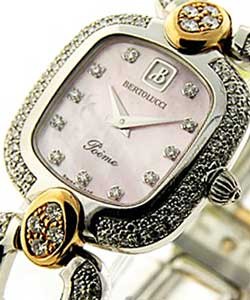 Poeme Cushion in White Gold and Rose Gold Diamonds on White Gold and Rose Gold Diamond Bracelet with Pink MOP Dial