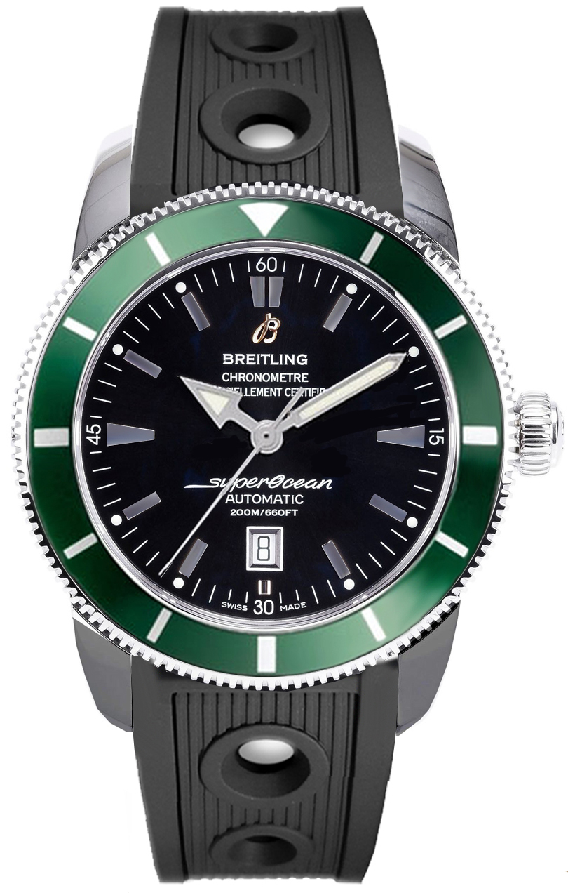 Superocean Heritage 46mm in Steel with Green Bezel on Black Ocean Racer Rubber Strap  with Black Dial