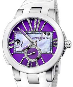 Executive Dual Time in Steel with Ceramic Bezel on White Rubber Strap with Purple Diamond Dial