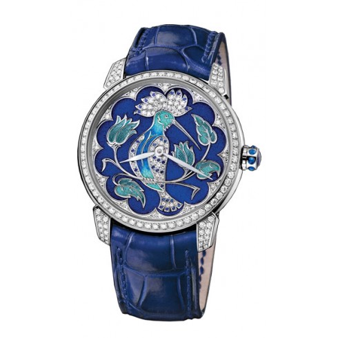 Classico Lady's in White Gold with Diamond Bezel on Blue Crocodile Leather Strap with Hoopoe Bird Dial