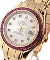 Masterpiece with Yellow Gold Pink Sapphire Bezel on Pearlmaster Bracelet with White MOP Ruby Dial
