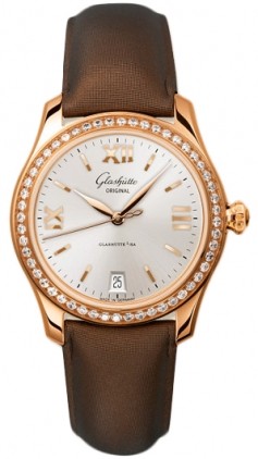 Lady Serenade 36mm Autoamtic in Rose Gold with Diamond Bezel on Brown Satin Strap with Silver Dial