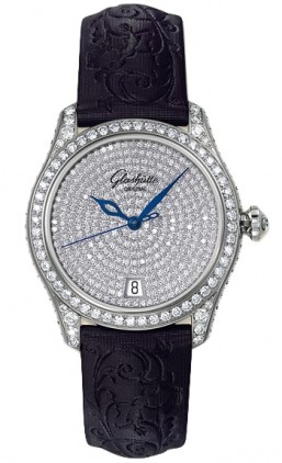 Lady Serenade Pavee 36mm Automatic in White Gold with Diamond Bezel on Black Satin Strap with Pave Diamond Dial