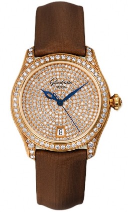 Lady Serenade 36mm Autoamtic in Rose Gold with Diamond Bezel on Brown Satin Strap with Pave Diamond Dial