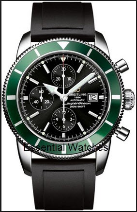 Superocean Heritage 46mm Green Edition in Steel on Black Rubber Strap with Black Dial and Green Bezel