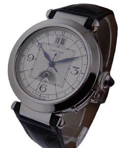 Pasha Moon Phase and Big Date in Steel on Black Crocodile Leather Strap with Silver Opaline Dial