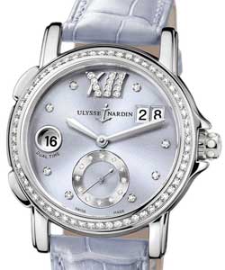Dual Time Small Second 37mm in Steel with Diamond Bezel on Lilac Alligator Leather Strap with Lilac Sunray Diamond Dial