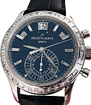 Annual Calendar Ref 5961P-001 in Platinum with Baguette Diamond Bezel on Blue Alligator Leather Strap and Blue Dial