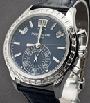 Annual Calendar Ref 5961P-001 in Platinum with Baguette Diamond Bezel on Blue Alligator Leather Strap and Blue Dial