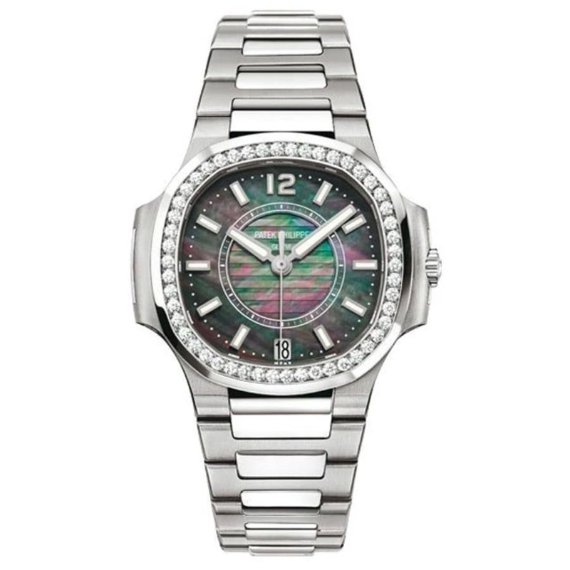 Nautilus Lady's in Steel with Diamond Bezel on with Black Tahitian MOP Dial