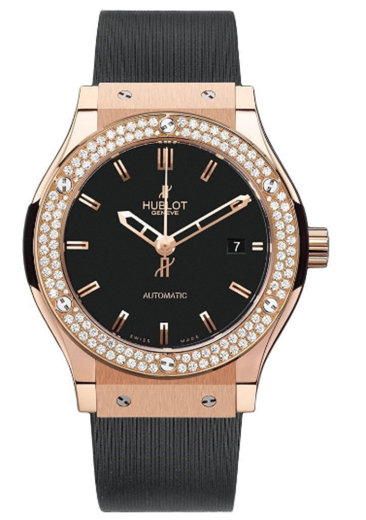 Classic Fusion 45mm in Rose Gold with Diamond Bezel on Black Rubber Strap with Black Dial