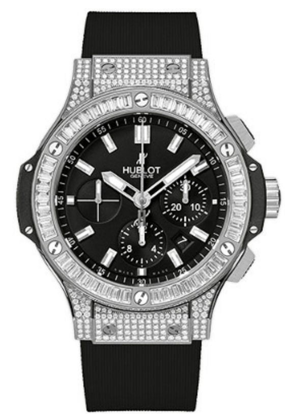 Big Bang 44mm in Steel with Baguette Diamond Bezel on Black Rubber Strap with Black Dial