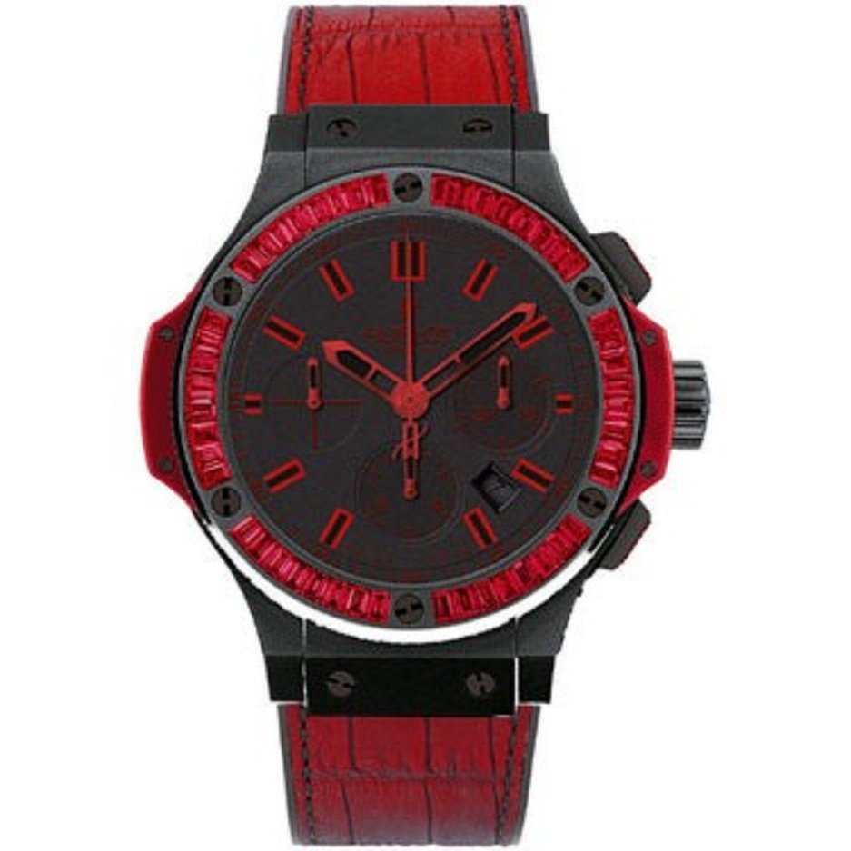 Big Bang 44mm All Black in Black Ceramic with Rubie Baguette Diamond Bezel on Red Crocodile Leather Strap Black and Red Dial