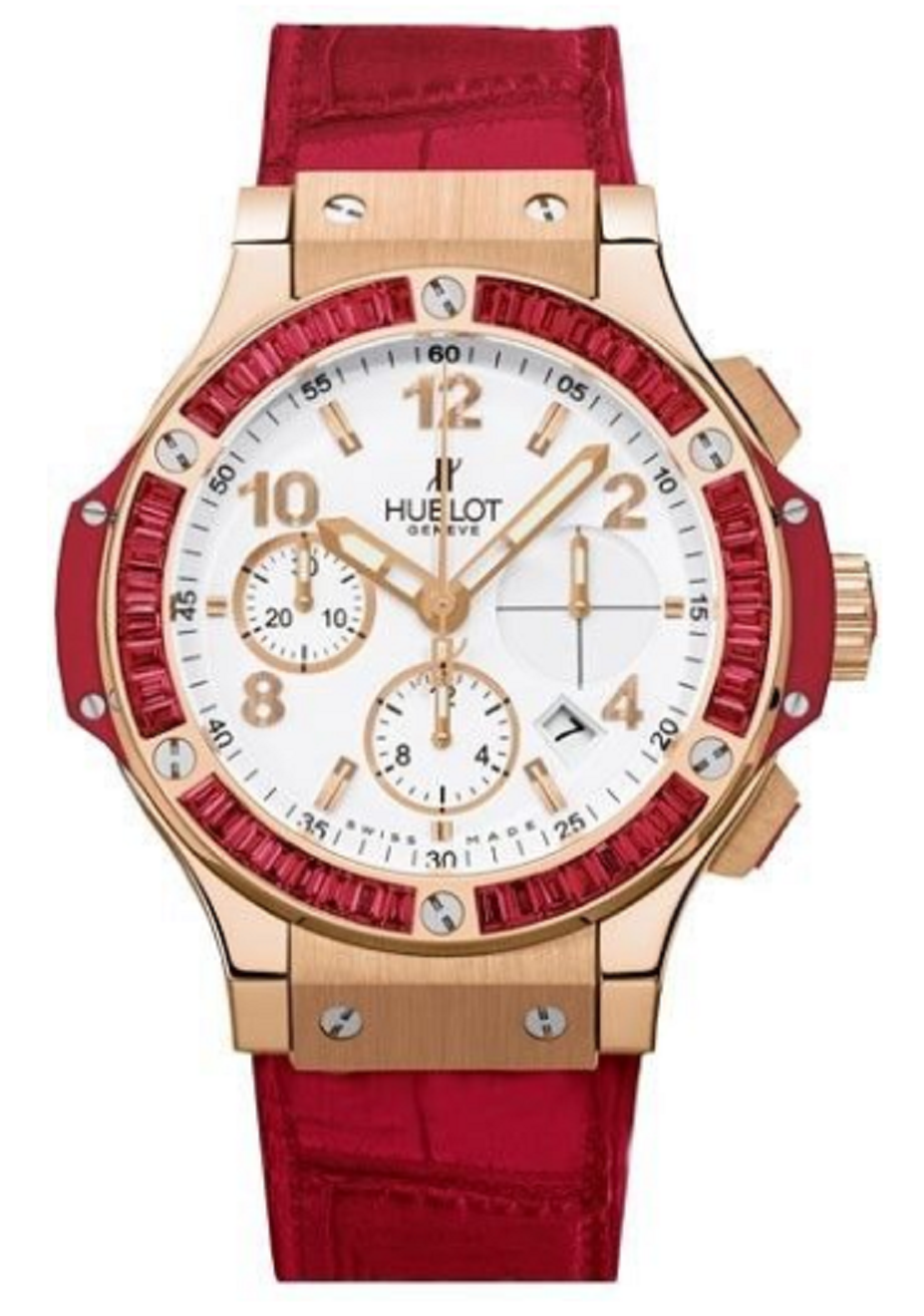 Big Bang Tutti Frutti 41mm in Rose Gold with Spinelle Baguettes Diamond Bezel on Red Leather Strap with White Dial