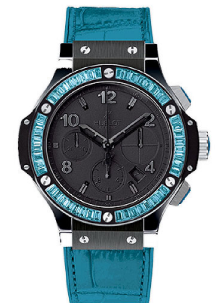Big Bang Tutti Frutti 41mm Black Blue in Black Cermaic with Blue Topaz Baguette Diamond Bezel on Blue Crocodile Leather Strap with Black Dial