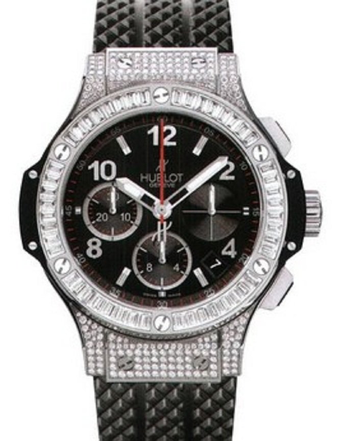 Big Bang 41mm in Steel with Baguette Diamond Bezel on Black Rubber Strap with Black Dial