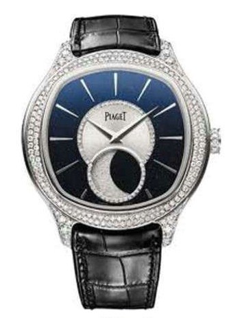 Black Tie Emperador Cushion in White Gold with Diamond Bezel on Black Leather Strap with Blue Dial