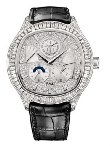 Black Tie Emperador Cushion in White Gold with Baguette Diamond Bezel on Black Leather Strap with Pave Diamond Dial