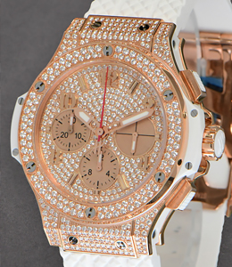 Big Bang 41mm Iin Rose Gold with Pave Diamond Bezel on White Rubber Strap with Pave Diamond Dial