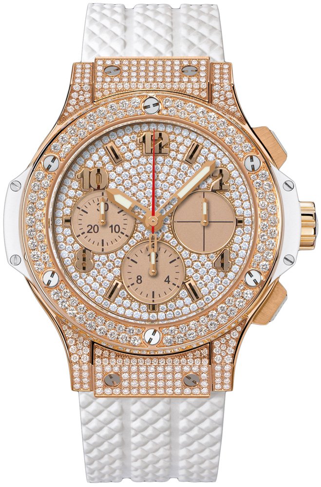 Big Bang 41mm Iin Rose Gold with Pave Diamond Bezel on White Rubber Strap with Pave Diamond Dial