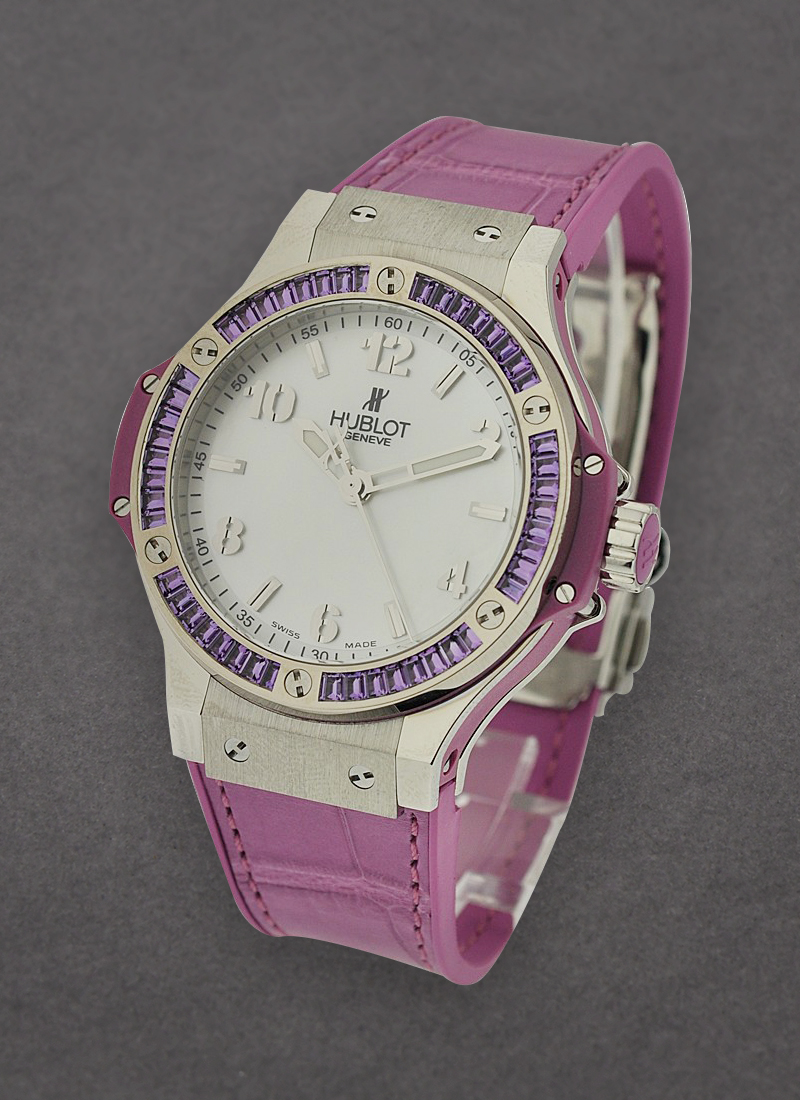 Hublot Big Bang 38mm in Steel with Purple Baguette Diamond Bezel