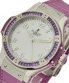Big Bang 38mm in Steel with Purple Baguette Diamond Bezel on Purple Crocodile Leather Strap with White Dial