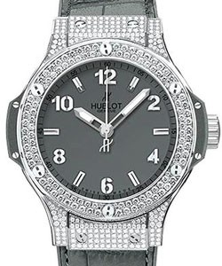 Big Bang 38mm Earl Gray in Steel with Pave Diamond Bezel on Grey Leather Strap with Tantalum Grey Dial