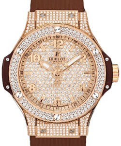 Big Bang 38mm Cappuccino in Rose Gold with Full Diamond Bezel on Brown Rubber Strap with Pave Diamond Dial