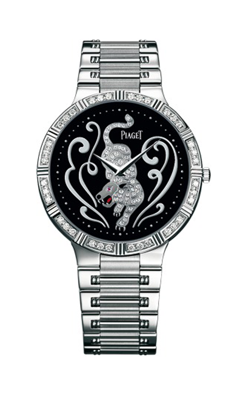 Dancer Chinese Zodiac Motif in White Gold with Diamond Bezel  on White Gold Bracelet with Diamond Onyx Tiger Motif Dial