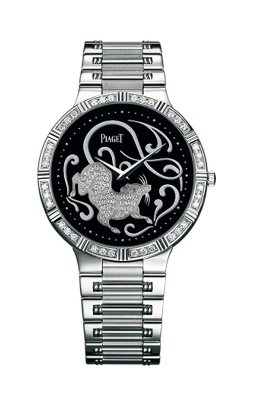Dancer Chinese Zodiac Motif in White Gold with Diamond Bezel  on White Gold Bracelet with Diamond Onyx Rat Motif Dial