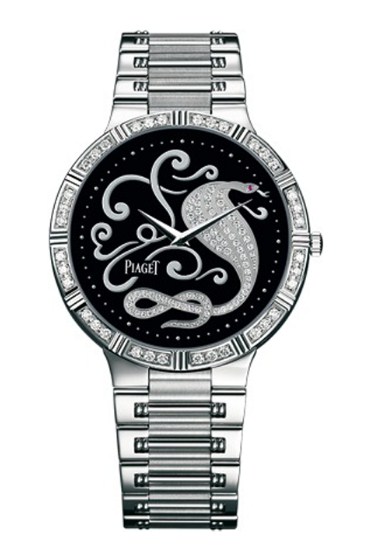 Dancer Chinese Zodiac Motif in White Gold with Diamond Bezel  on White Gold Bracelet with Diamond Onyx Snake Motif Dial