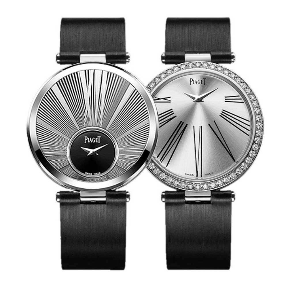 Limelight Twice Reversible Watch in White Gold with Diamond Bezel on Black Satin Strap with Silver Dial