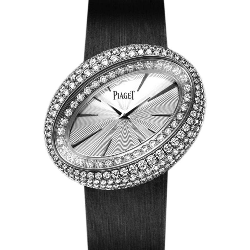 Limelight Magic Hour in White Gold with Diamond Bezel on Black Satin Strap with Silver Dial