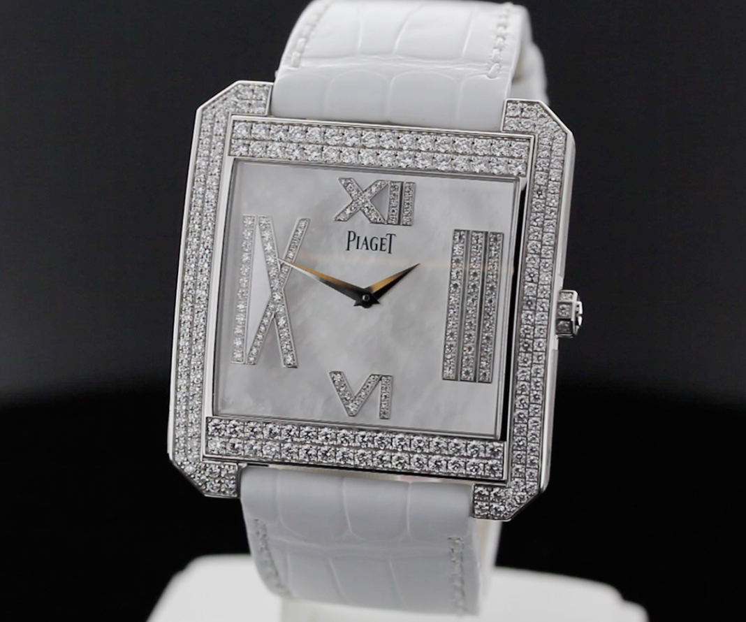 Limelight Protocole XXL in White Gold with Diamond Bezel on White Leather Strap with Mother of Pearl Dial