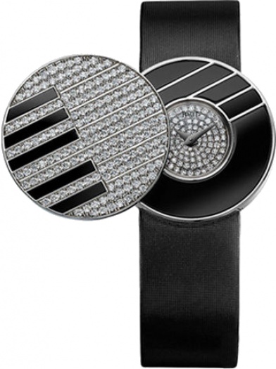 Limelight Jazz Party Secret Watch in White Gold with Diamond Bezel on Black Satin Strap with Pave Diamond Dial