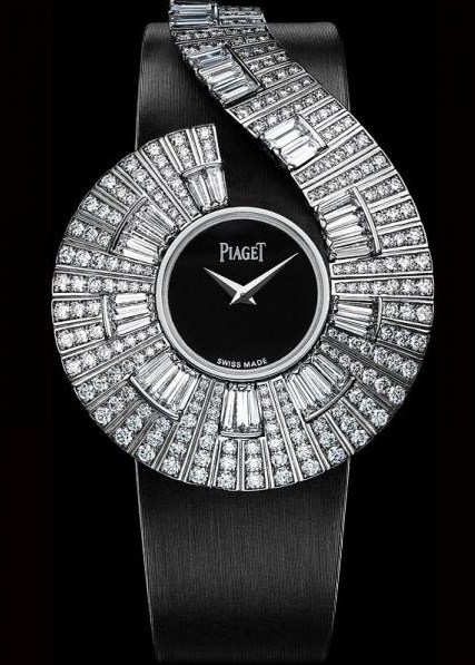 Limelight Jazz Party Watch in White Gold with Diamond Bezel on Black Satin Strap with Black Onyx Dial