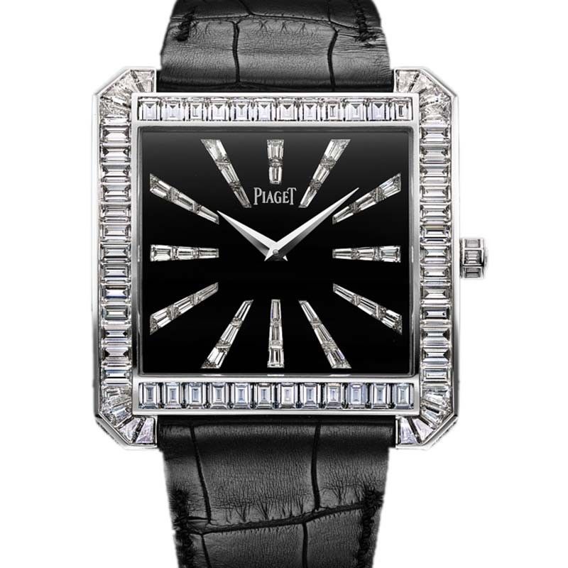Protocole XXL in White Gold with Baguette Diamond Bezel on Black Leather Strap with Black Onyx Dial