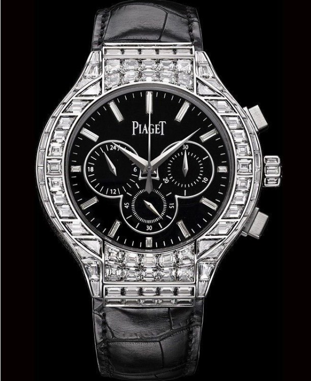 Polo Chronograph in White Gold  with Diamond Bezel on Black Leather Strap with Black Onyx Dial