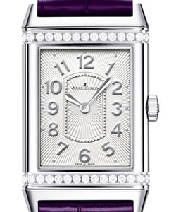 Grande Reverso Lady Ultra Thin in Steel with Diamond Bezel on Purple Alligator Leather Strap with Silver Guilloche Dial