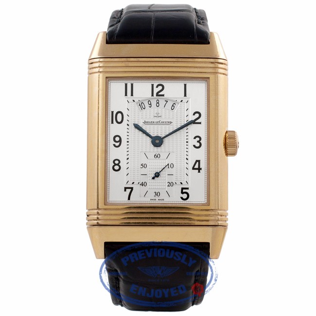 Grande Reverso Duo in Rose Gold  on Black Alligator Leather Strap with Silver Guilloche Dial