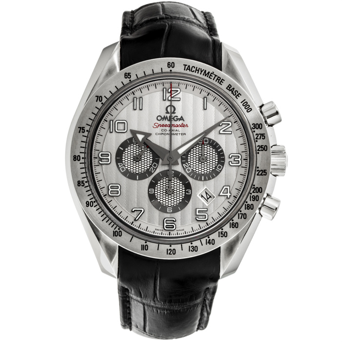 Speedmaster Broad Arrow in Steel on Black Alligator Leather Strap with Silver Dial