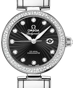 DeVille Ladymatic in Steel with Diamond Bezel on Black Alligator Leather Strap with Black MOP Diamond Dial