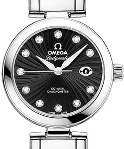 De Ville Ladymatic in Steel on Black Alligator Leather Strap with Black Dial with Diamond Markers