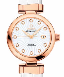 De Ville Ladymatic 34mm Automatic in Rose Gold on White Alligator Leather Strap with White MOP Diamond Dial