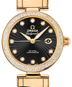 De Ville Ladymatic in Yellow Gold with Diamond Bezel on Black Alligator Leather Strap with Black Diamonds Dial