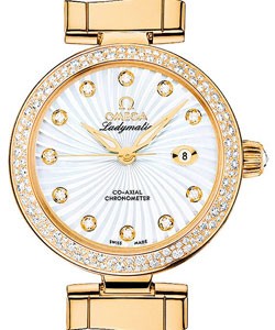 De Ville Ladymatic in Yellow Gold with Diamond Bezel on White Alligator Leather Strap with White MOP Diamond Dial